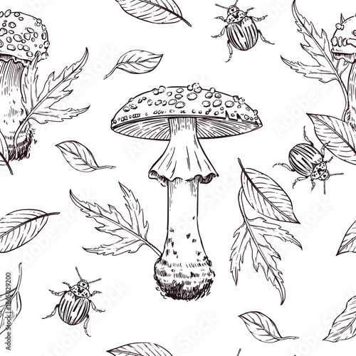 Seamless vector pattern of fly agarics, autumn leaves, beetles, tree twigs. All objects are hand-drawn in vector. The illustration is perfect for printing on fabric, paper, for textiles.