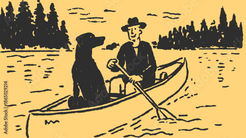 Man and dog in a canoe on the water. Simple black vector illustration against a yellow background, depicting a recreational outdoor set.