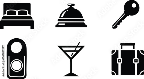 Flat design top view hotel icon set with bed bell key door hanger martini glass and suitcase simple black vector for travel signage reception concierge minimal