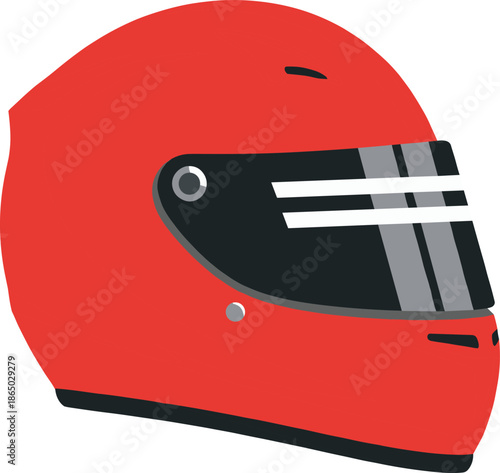 Red motorcycle racing helmet side view illustration with protective visor isolated for motorsport safety and speed concept