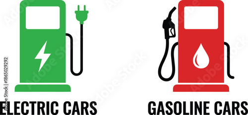 Green electric car charging station and red gasoline pump with text electric cars and gasoline cars