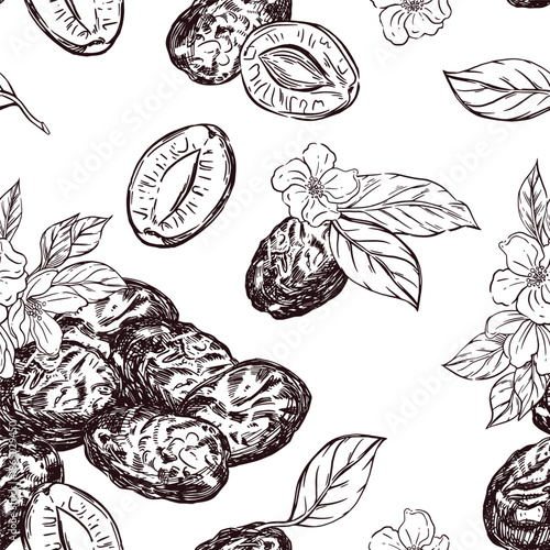 Vector seamless pattern. Plum and prune seamless pattern with flower and leaf. Hand drawn botanical illustration for fabric design, food packaging, or wallpaper.