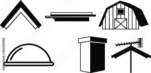 Flat icon set of roof construction elements showing barn skylight chimney antenna gable ridge and eave silhouettes in black and white vector art minimalist bold shapes