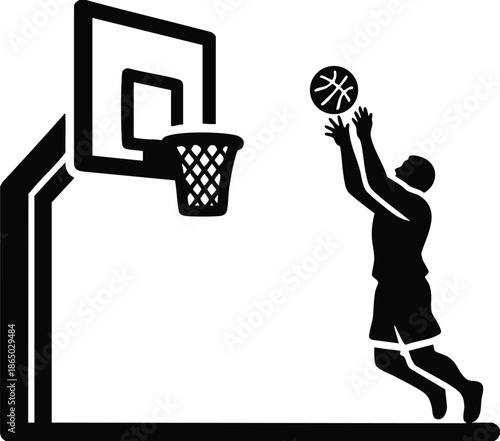 Flat design close up silhouette basketball player jumping for layup beside outdoor hoop with side view minimal black and white contrast dynamic motion graphic symbol emblem