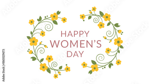 Happy Women's Day message displayed within a beautiful circular wreath of yellow flowers and green foliage, ideal for festive greetings and celebrations.