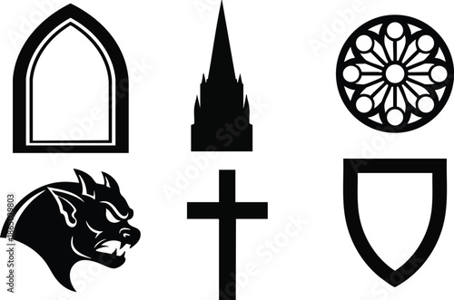 Flat design close up gothic cathedral icons including rose window spire gargoyle cross shield set on white background high contrast vector art scalable minimalist silhouette collection