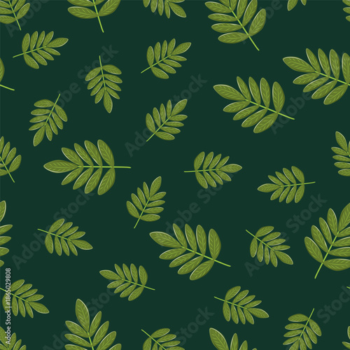 Seamless rowan leaf pattern in green tones. Minimal botanical background for eco packaging, textiles, wallpaper, web design and natural branding.