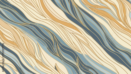 Abstract wavy pattern with beige blue and gold colors.