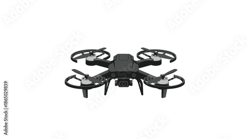 Modern black drone with multiple propellers and a camera, designed for aerial photography and video, isolated on a clean white background.