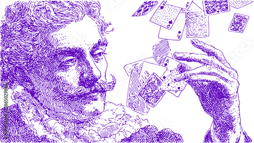 Vintage illustration of a man holding playing cards. This detailed vector artwork showcases sophistication and classic style in a unique design set.