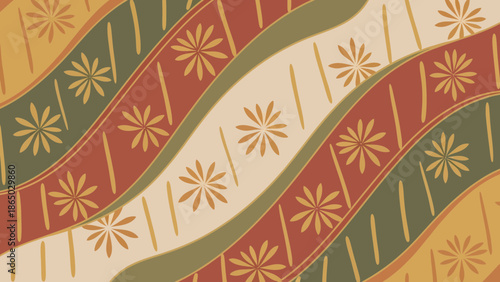 Abstract Wavy Pattern with Floral Accents in Earthy Tones.