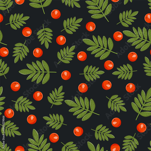 Seamless rowanberry pattern with red berries and green leaves on dark background. Botanical design for premium packaging, fabric, wallpaper, branding and autumn projects.
