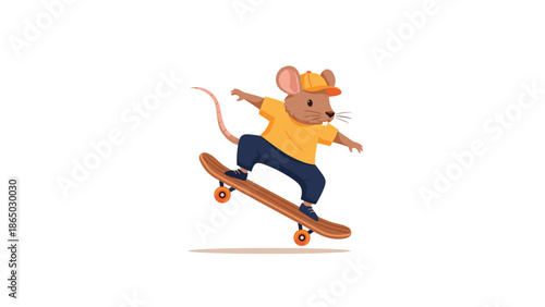 Cool cartoon mouse wearing a cap and t-shirt, performing an impressive skateboarding trick on a wooden skateboard, isolated on white.