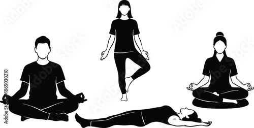 Minimalist vector yoga poses set four black silhouettes meditation breathing corpse pose tree pose cross legged sitting front view flat design isolated studio lighting calm wellness