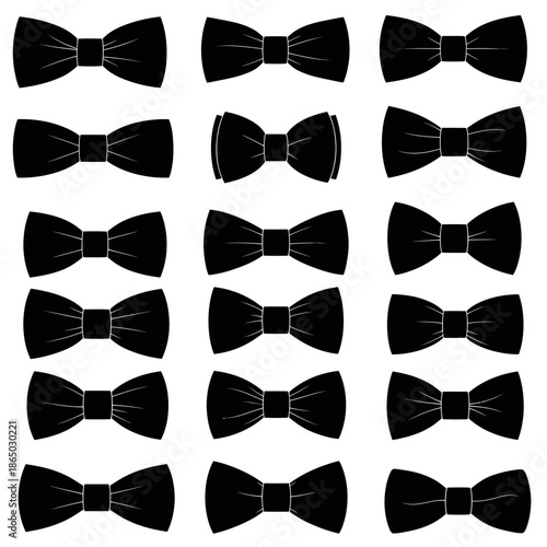 Collection of Black Bow Ties on White Background.