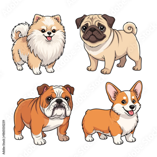 Cartoon Dogs - Pomeranian, Pug, Bulldog, and Corgi Illustration.