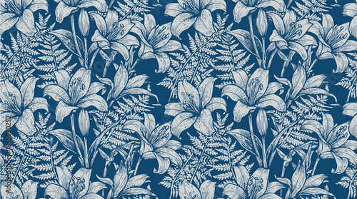 Vintage Lily Flower Seamless Background, Monochrome Botanical Pattern for Wrapping Paper and Fabric, Hand-Drawn Nature Illustration Texture