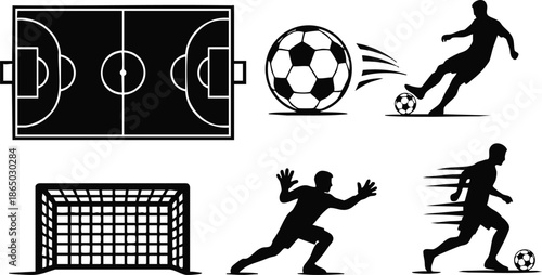 Flat design soccer icon set pitch goal keeper and two players kicking and dribbling with dynamic motion lines in bold silhouette black vector simple isolated sports