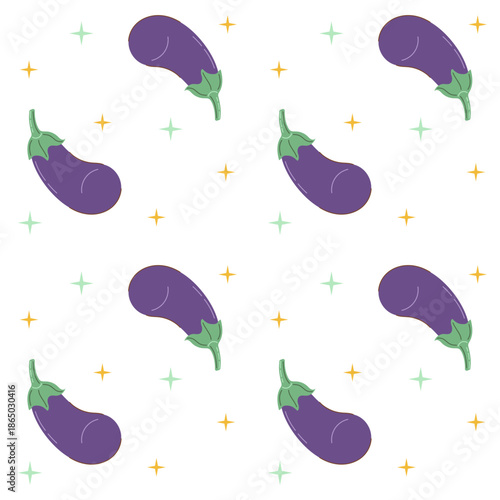 Seamless pattern with eggplant on white background. Autumn and harvest concept. Flat style vector illustration.