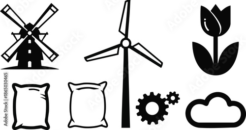Flat design set of agricultural and renewable icons wind turbine windmill tulip grain sacks gears cloud arranged in grid black silhouette minimal vector bold simple icons