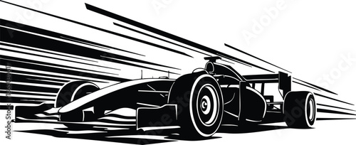 Line art vector low angle close up formula race car speeding on track with motion lines driver visible high contrast dynamic black and white stencil style