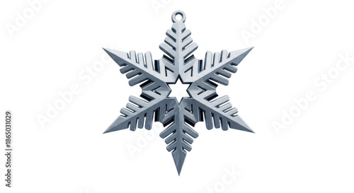 Silver metallic snowflake ornament with intricate geometric patterns against a png isolated transparent background black background