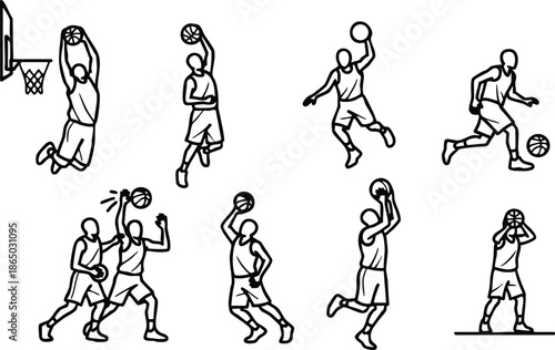 Line art basketball player action set eight poses dribbling shooting dunking passing defending layup free throw jump shot midair motion outline figures side view front view three quarter