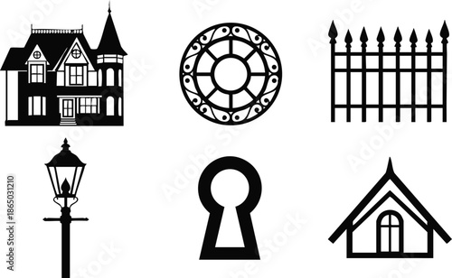 Flat design victorian house silhouette with tower and turret front view close up round window iron fence street lamp keyhole attic roof sunlit calm mood