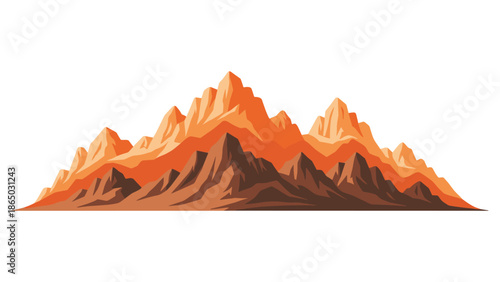 Dramatic mountain range featuring sharp, rugged peaks in various shades of orange and brown, illustrating a harsh yet beautiful natural landscape.