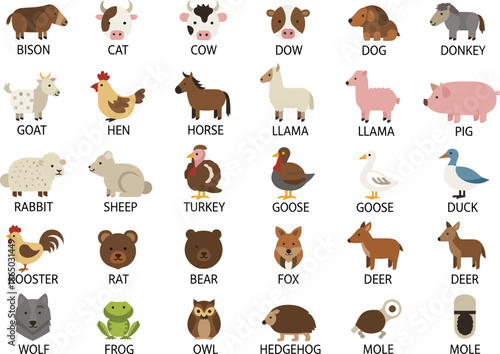Farm and wild animal vector set featuring livestock, pets, forest creatures, and cute cartoon animal characters