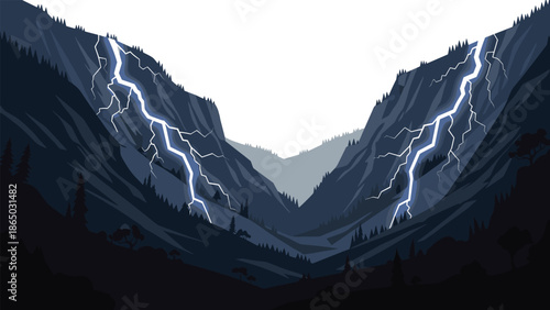 Dramatic landscape of a mountain valley illuminated by two powerful lightning strikes, showcasing a wild and awe-inspiring natural phenomenon.