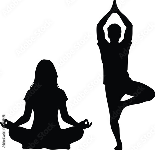 Minimalist vector silhouette two people practicing yoga one meditating seated lotus one balancing in tree pose side view black figures white background peaceful morning calm posture