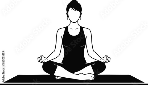 Minimalist line art woman sitting cross legged meditation pose on yoga mat hands in mudra wearing black tank top leggings looking forward low angle peaceful serene