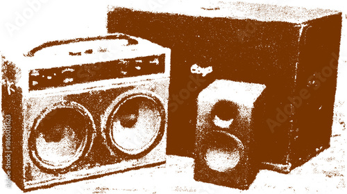 Vintage audio speaker set in brown style. Detailed sound system vector illustration for audio enthusiasts.