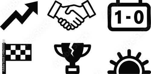 Flat design set of sports and achievement icons showing growth arrow handshake scoreboard one to zero checkered flag broken trophy and sunrise symbol bold minimal vector