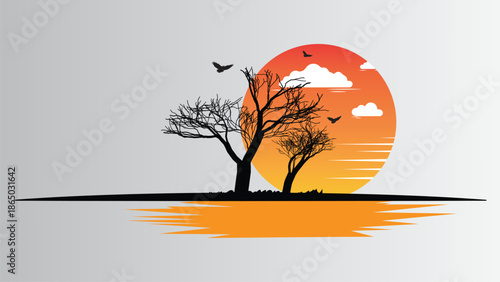 Silhouettes of bare trees and flying birds against a vibrant sunset featuring a minimalist flat vector illustration with a reflective surface ideal for nature-themed designs
