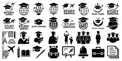 Study Abroad Education Icons, Graduation & Education Logo Silhouette Vector Set