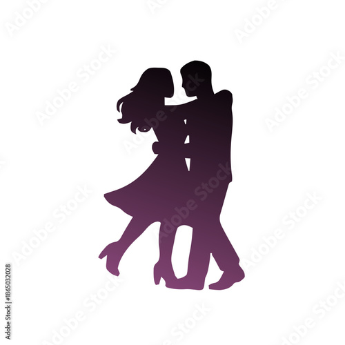 Silhouette of a couple dancing romantically with a gradient purple hue.