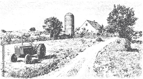 Tractor in a rural field with a silo and farmhouse. Black and white vector illustration capturing the essence of the countryside landscape.