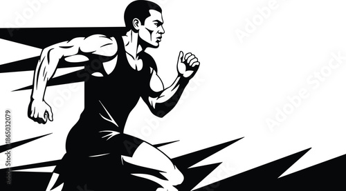 Vector art dynamic low angle runner sprinting male athlete in black singlet mid stride with sharp geometric speed lines on white background high contrast motion energy