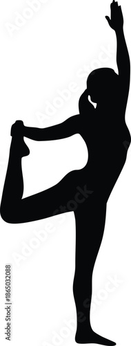 Silhouette vector flat design side view woman in natarajasana balancing on one leg with raised arm looking forward in studio practice soft calm lighting minimal mood