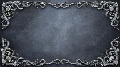 Elegant ornamental border with intricate silver toned metallic filigree and floral motifs set against a dark textured grey surface creating a sophisticated and antique impression