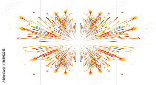 Symmetrical burst of yellow orange red blue sparks and starbursts on png isolated transparent background black background