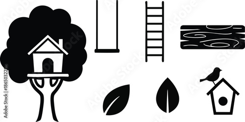 Flat design treehouse icon set with tree house swing ladder wooden plank leaves birdhouse and perched bird in simple black silhouette side view vector icons isolated