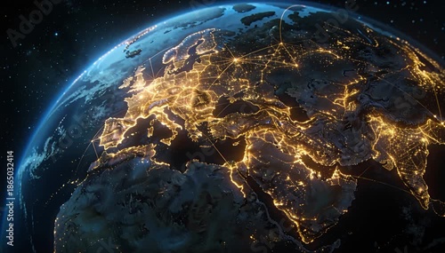 Global connections spread across earth's glowing continents network communication concept earth, night,.