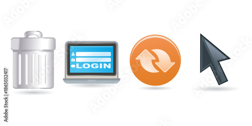 Trash Can, Laptop Login Screen, Refresh Arrows Icon, And Cursor – Digital Interaction Symbols set