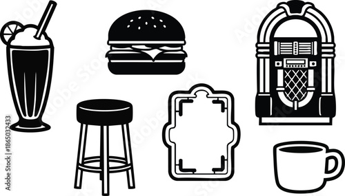 Retro diner vector flat design milkshake with straw burger jukebox stool decorative menu frame coffee cup isolated icons vintage fifties black silhouette bold outline frontal view