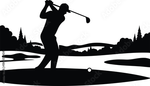 Silhouette vector low angle golfer swinging at tee with visible ball on fairway and pine trees in background backlit sporty action pose wearing cap follow through