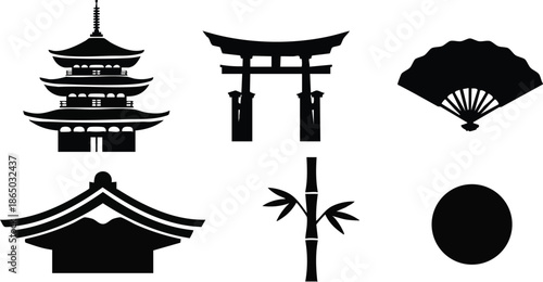 Flat design japanese cultural icons set pagoda torii gate folding fan temple roof bamboo stalk rising sun circle black silhouette vector art side view detailed