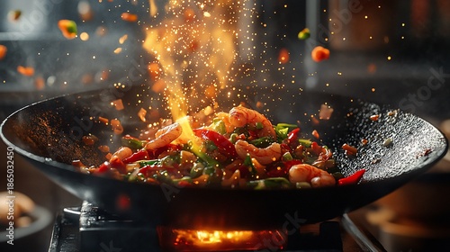 Wallpaper Mural Spicy shrimp stir-fry in a wok, with vegetables and vibrant splashes of flavor.  A culinary explosion Torontodigital.ca
